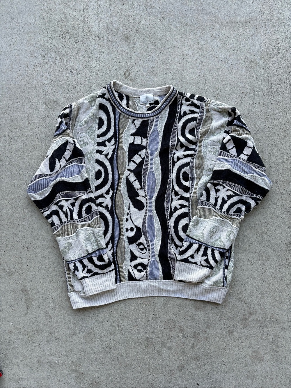 Vintage London Fog 3D Textured Knit Sweater Coogi Style Abstract Mens XL 26x28